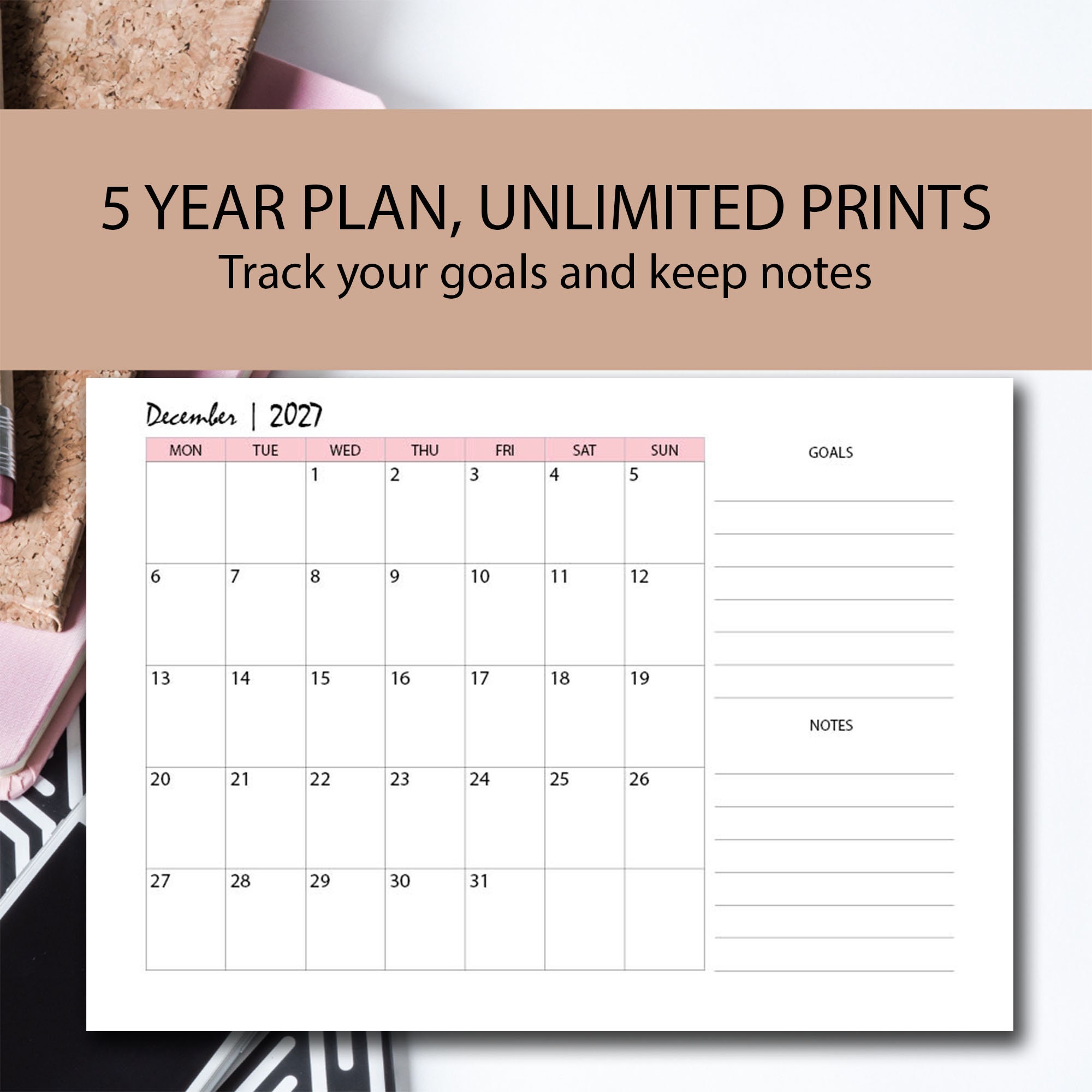 5 Year Calendar Planner Insert PINK 2024-2028 Printable, 5 Year Goal ...