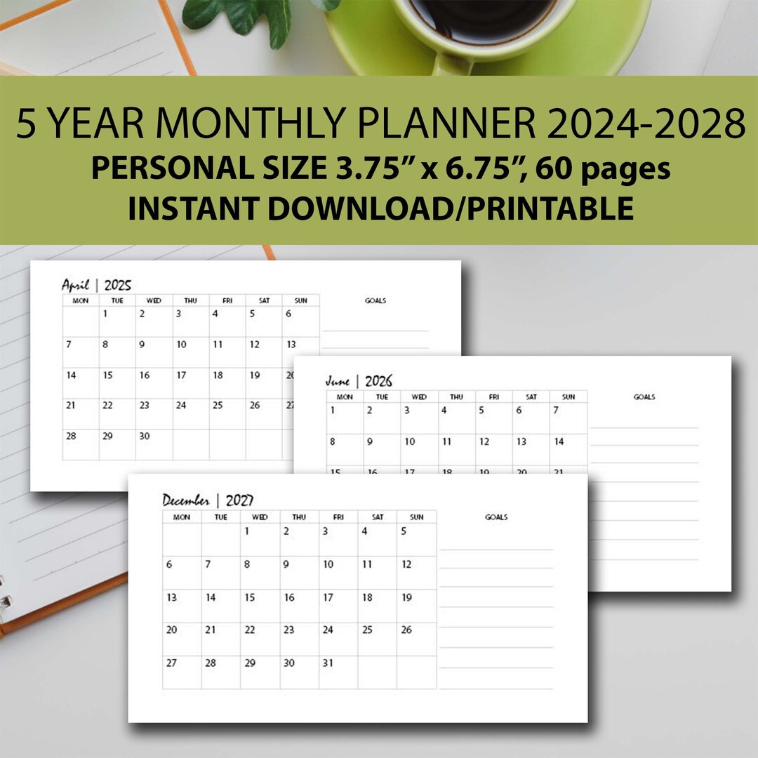 5 Year Calendar Personal Size Printable, 5 Year Goal Planner Personal ...