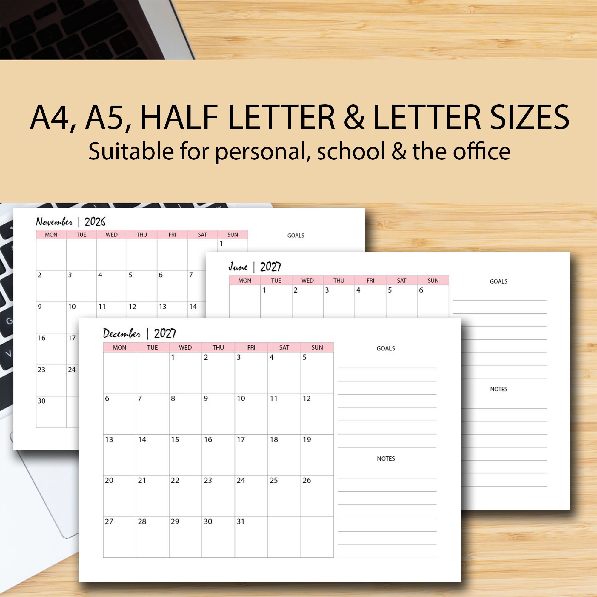 5 Year Calendar Planner Insert PINK 2024-2028 Printable, 5 Year Goal ...