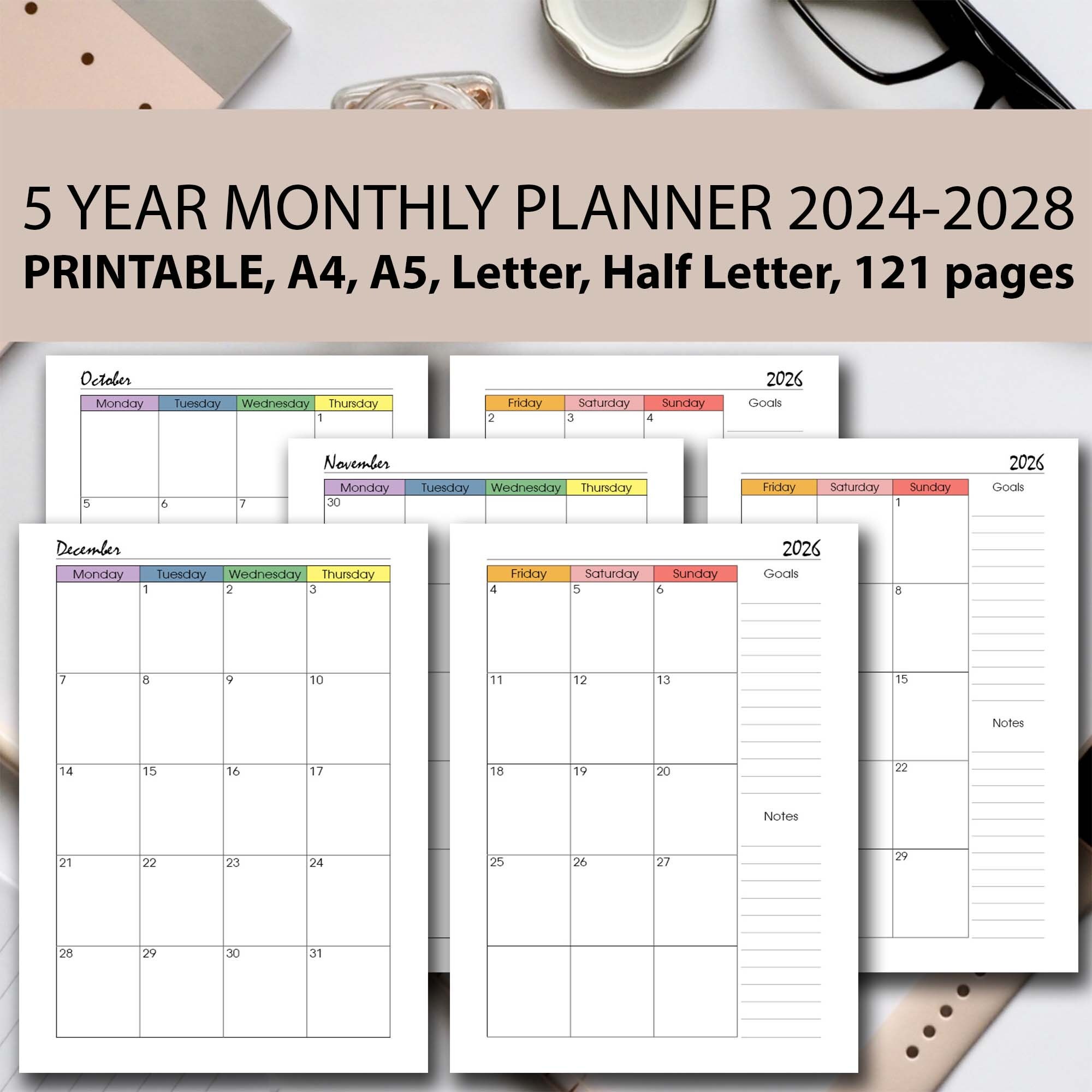 2024-2028 Monthly Planner Printable RAINBOW, 5 Year Goal Planner A5,  A4/half Letter/letter, Month on 2 Page 2024-2028, Pride Stationery PDF -  Etsy