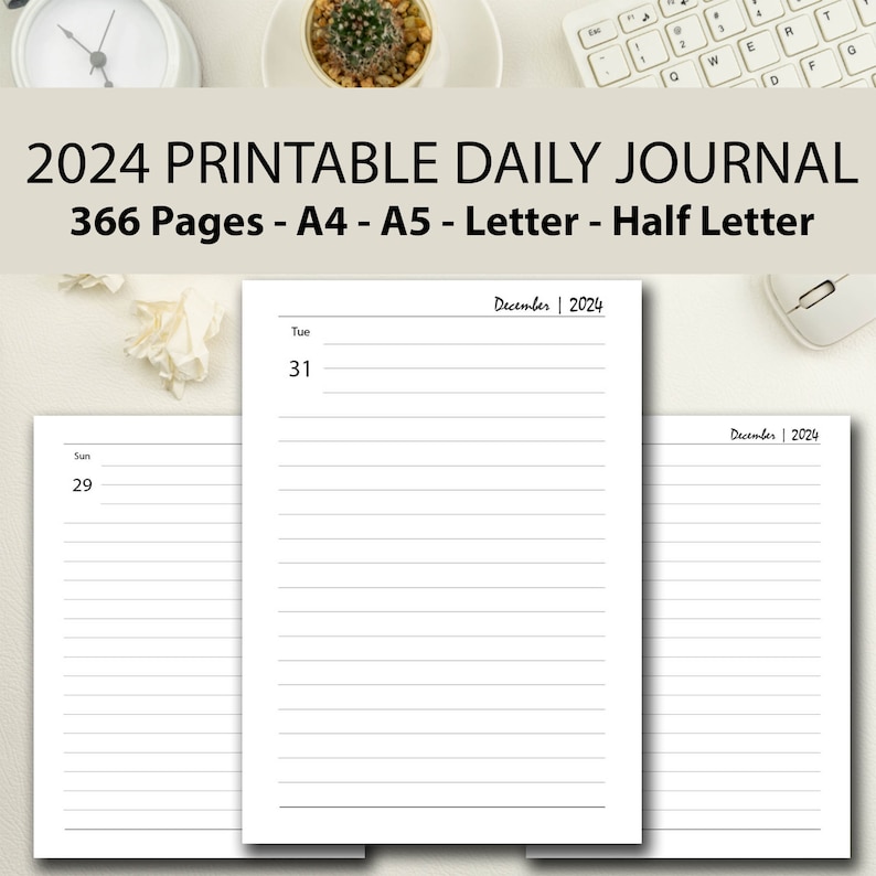 2024 Daily Journal Printable, 2024 Daily Diary Printable, A4/a5/half