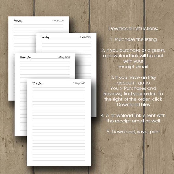 2020 Printable Daily Diary Journal Inserts 2020 Daily Planner Printable A4 Letter Half Size A5 Filofax 2020 Printable Daily Notebook