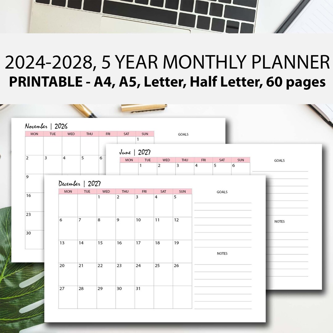 5 Year Calendar Planner Insert PINK 2024-2028 Printable, 5 Year Goal ...