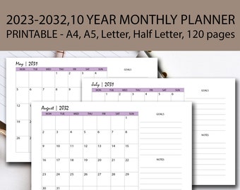 2023-2032 Calendar Printable PURPLE 10 Year, 10 Year Monthly Planner, 10 Year Goal Planner, A4/A5/Half Size/Letter, Desk Calendar 2023-2032