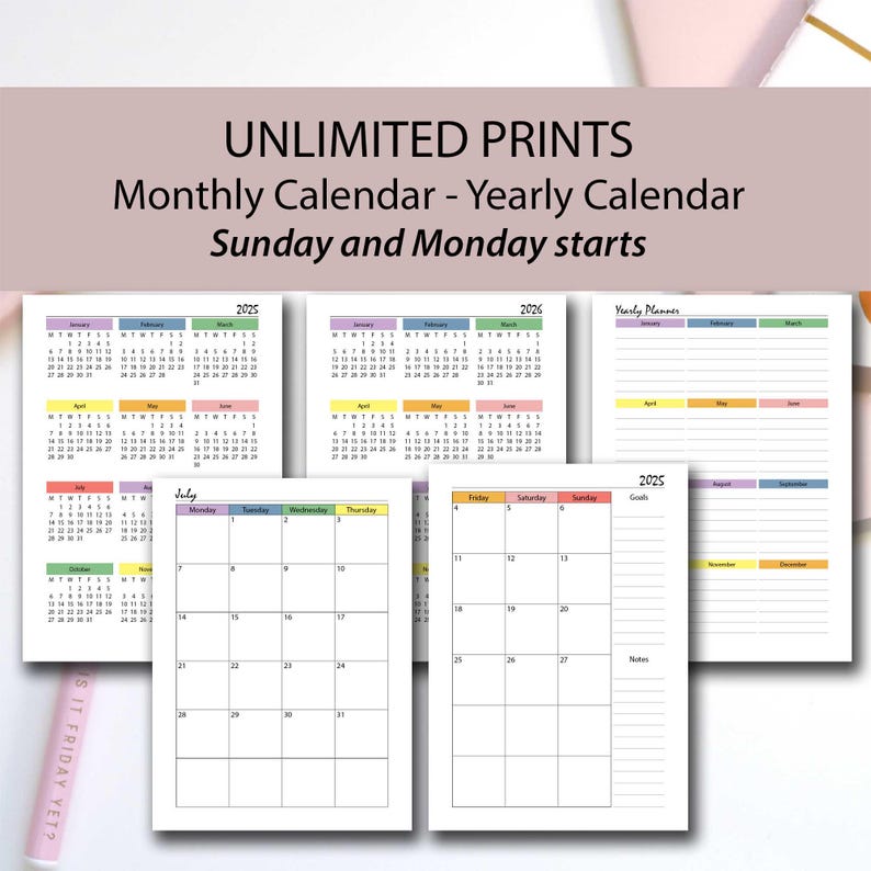 2025 Weekly Planner Printable Rainbow Pack, A4/a5/half Letter/letter ...