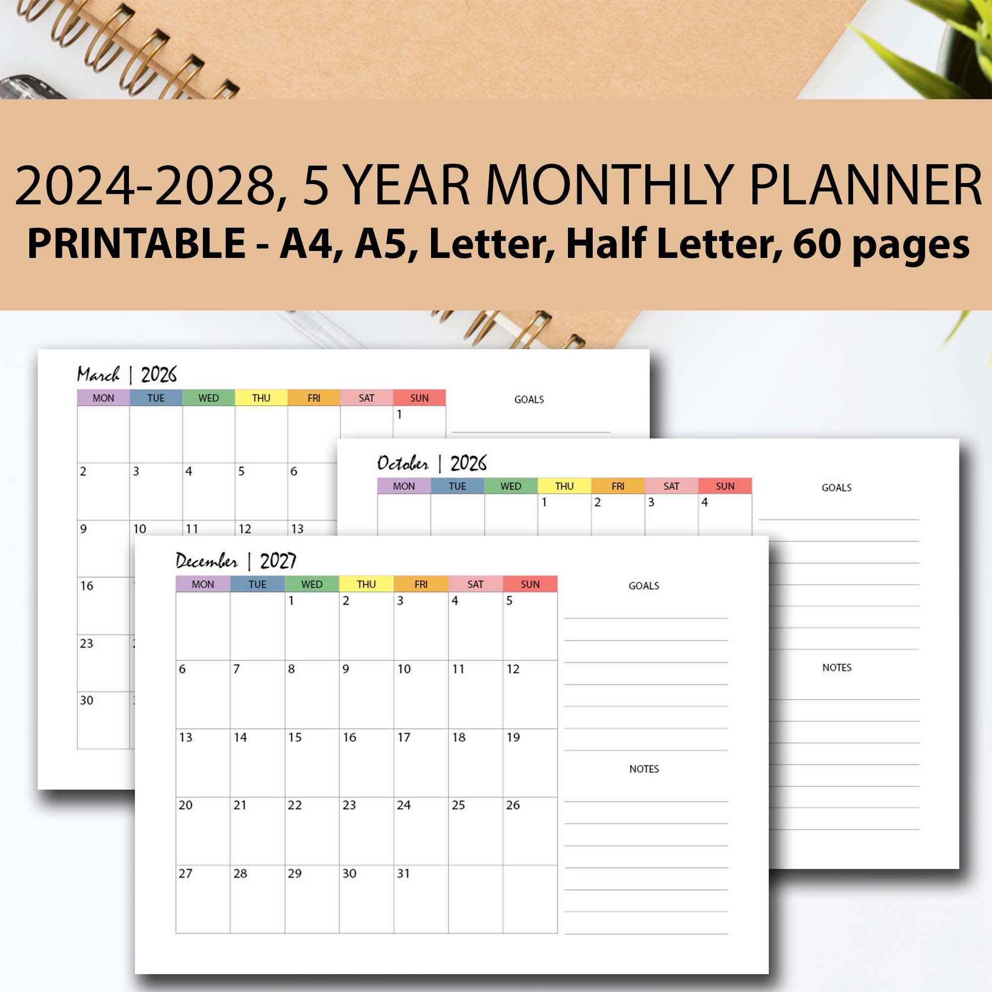 5 Year Calendar 2024-2028 Planner RAINBOW Printable, 5 Year Goal Planner  Pdf, 5 Year Calendar Insert Printable, A4/a5/half Letter/letter - Etsy