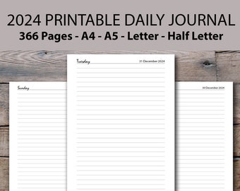 2024 Daily Journal Printable, 2024 Printable Daily Diary, A4/A5/Half Letter/Letter, 2024 Daily Journal PDF, Day on One Page 2023 Insert