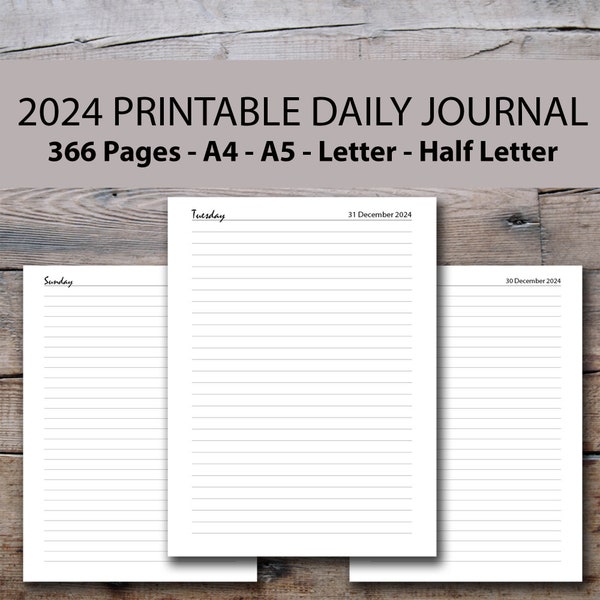 2024 Daily Journal Printable, 2024 Printable Daily Diary, A4/A5/Half Letter/Letter, 2024 Daily Journal PDF, Day on One Page 2023 Insert