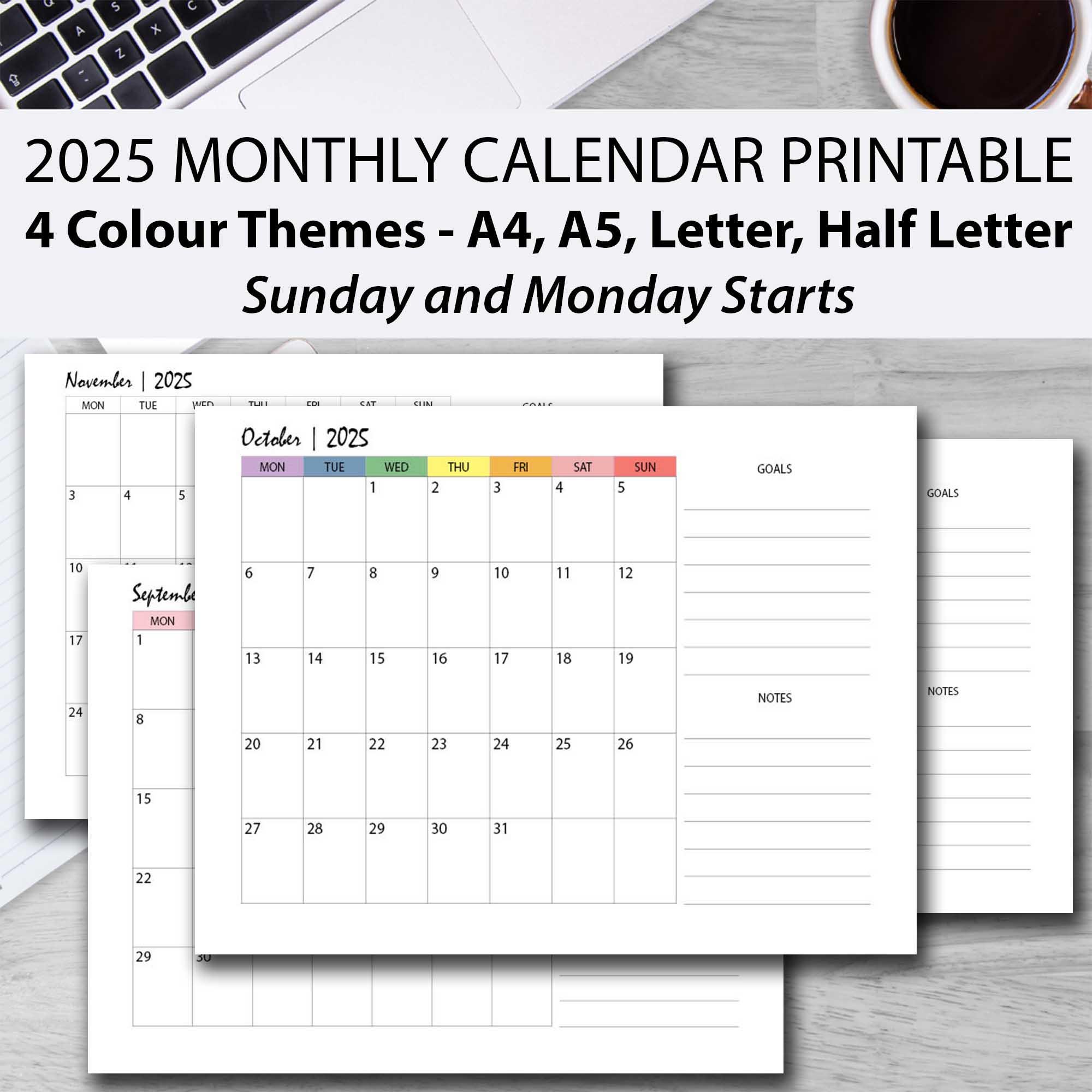 2025 Calendar Printable Pdf, 2025 Monthly Planner, Wall Calendar 2025, Sunday Start, Monday