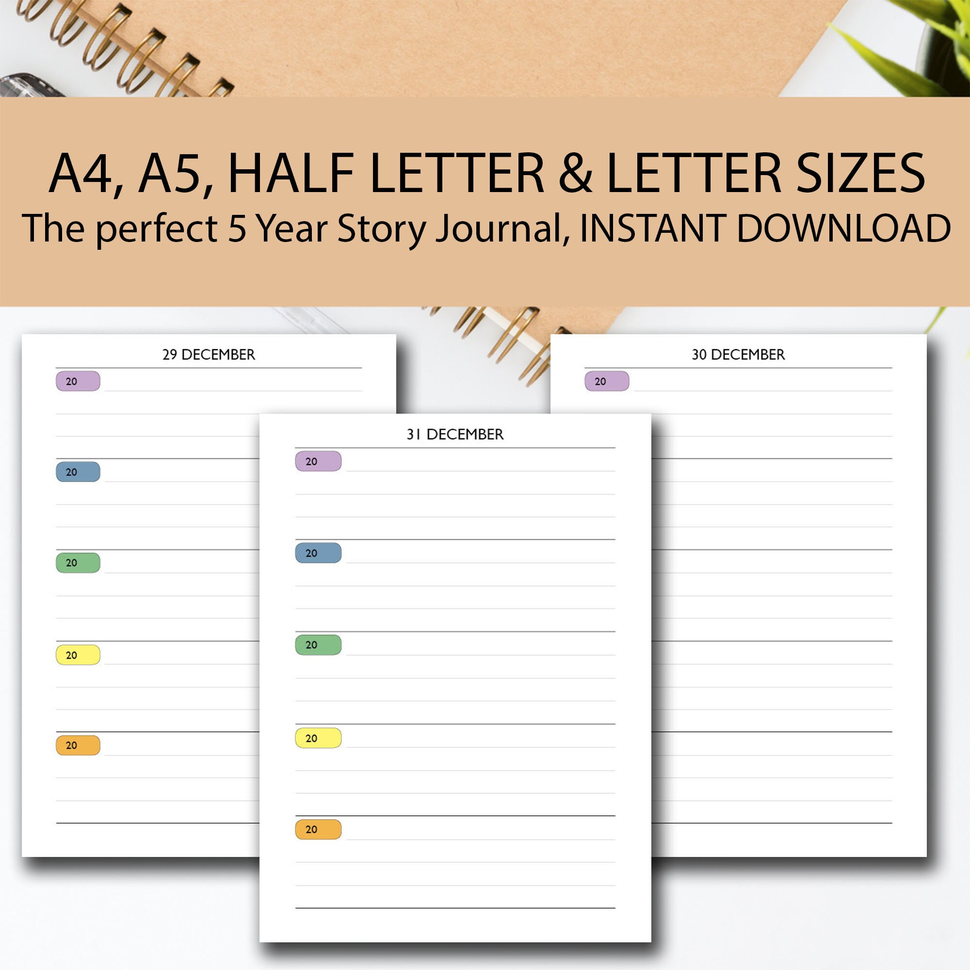 One Line A Day 5 Year Journal Printable RAINBOW, A4/a5/half Letter ...