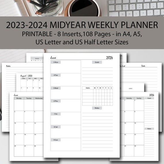 2024 Weekly Planner Printable GREY BUNDLE, Week on 2 Pages 2024, A4 A5 Half  Size Letter, Weekly to Do List, Student Organizer, Weekly Agenda 