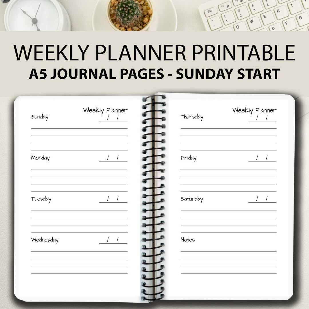 Weekly Planner Sunday Start, Weekly Calendar, A5 Journal Page