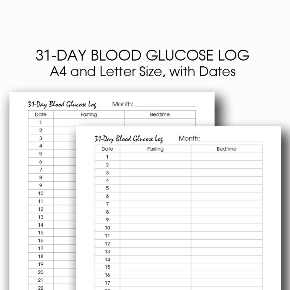 Blood Glucose Log Printable 31 Day Blood Glucose Log A4 Etsy