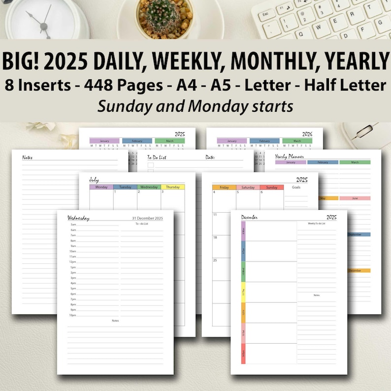 2025 Weekly Planner Printable Rainbow Pack, A4/a5/half Letter/letter ...