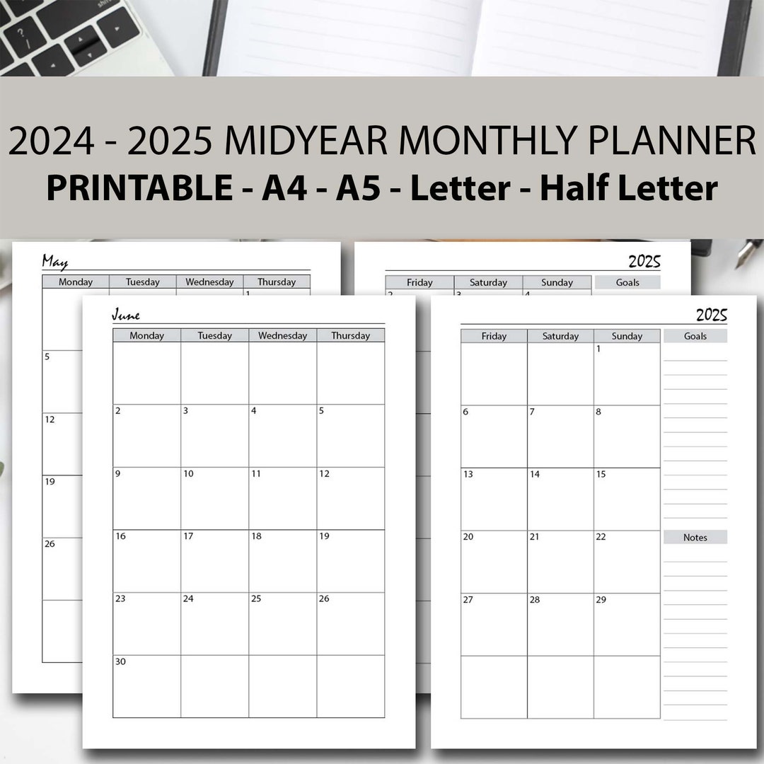 20242025 Monthly Midyear Planner Printable GREY, Month on 2 Page 2024