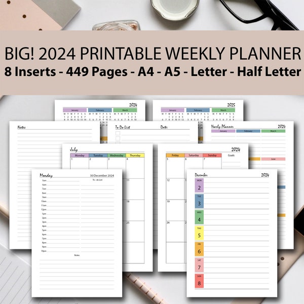 2024 Weekly Planner Printable Rainbow Bundle, A4/A5/Half Letter/Letter, 2024 Daily Journal, 2024 MO2P, 2024 Daily Planner, 2024 Daily Diary