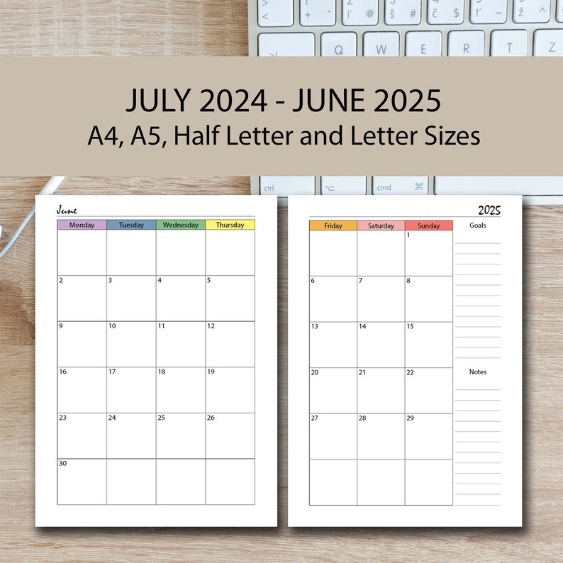 20242025 Midyear Planner Printable RAINBOW, Month on 2 Page 20242025