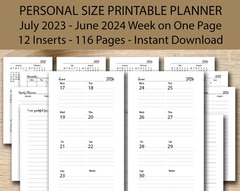 2023-2024 Personal Size Weekly Planner Printable Inserts, 2023 2024 MidYear Personal Size Week on One Page, Personal Size Planner 2023-2024