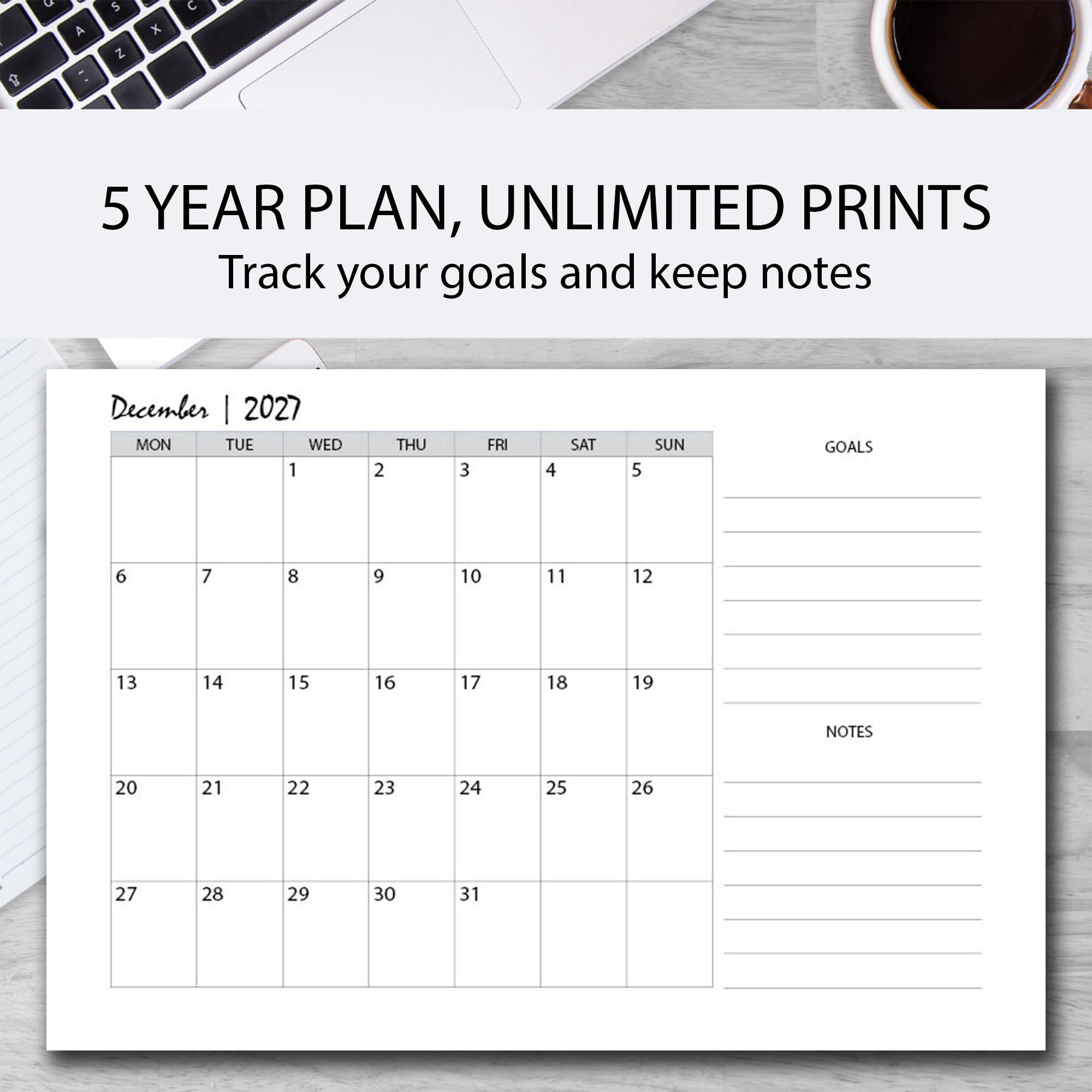 5 Year Calendar Planner GREY Printable, 5 Year Monthly Planner, 5 Year ...