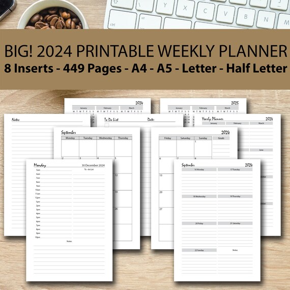 2024 Weekly Planner Printable GREY BUNDLE, Week on 2 Pages 2024, A4 A5 Half  Size Letter, Weekly to Do List, Student Organizer, Weekly Agenda 