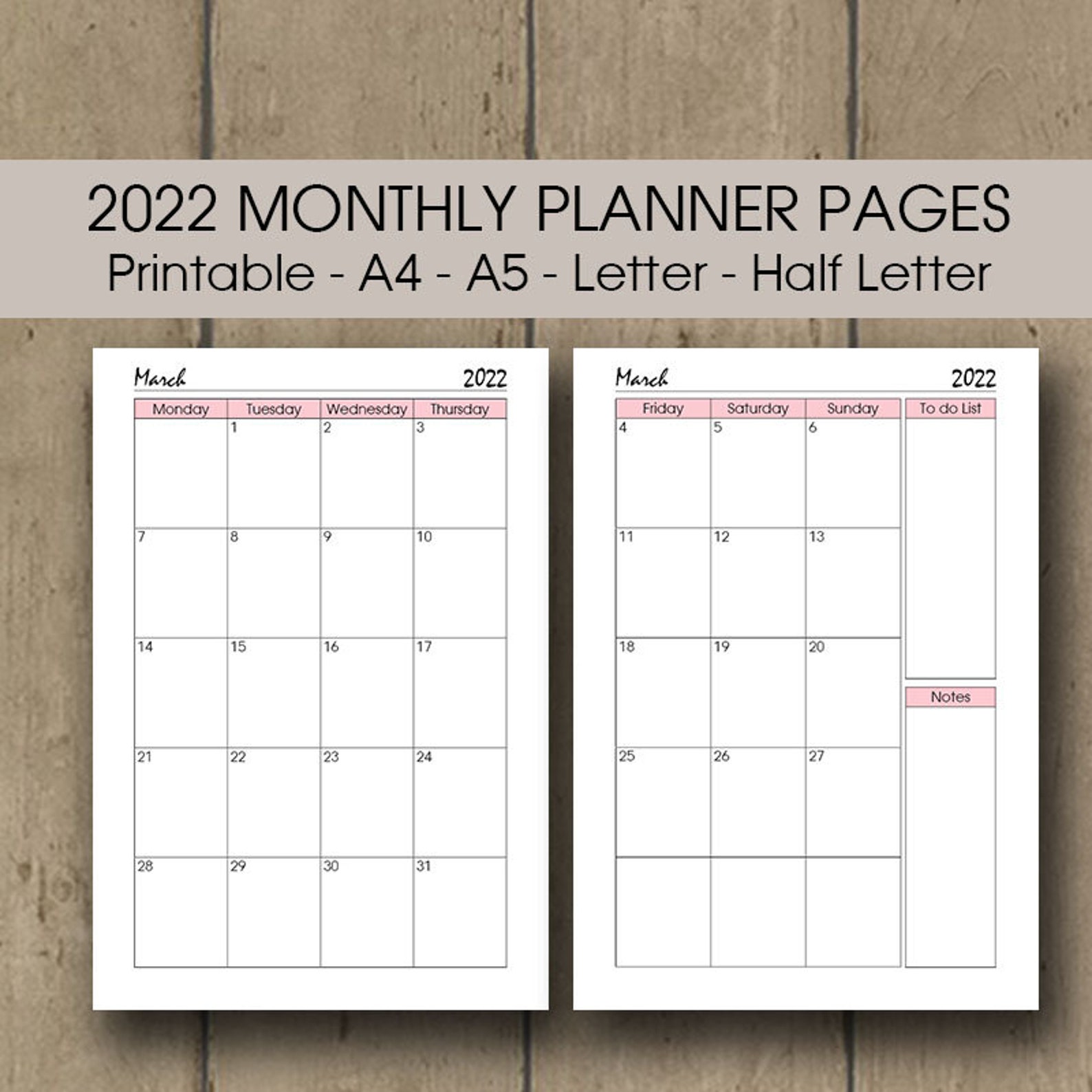 Free Printable 2 Page Monthly Calendar 2022