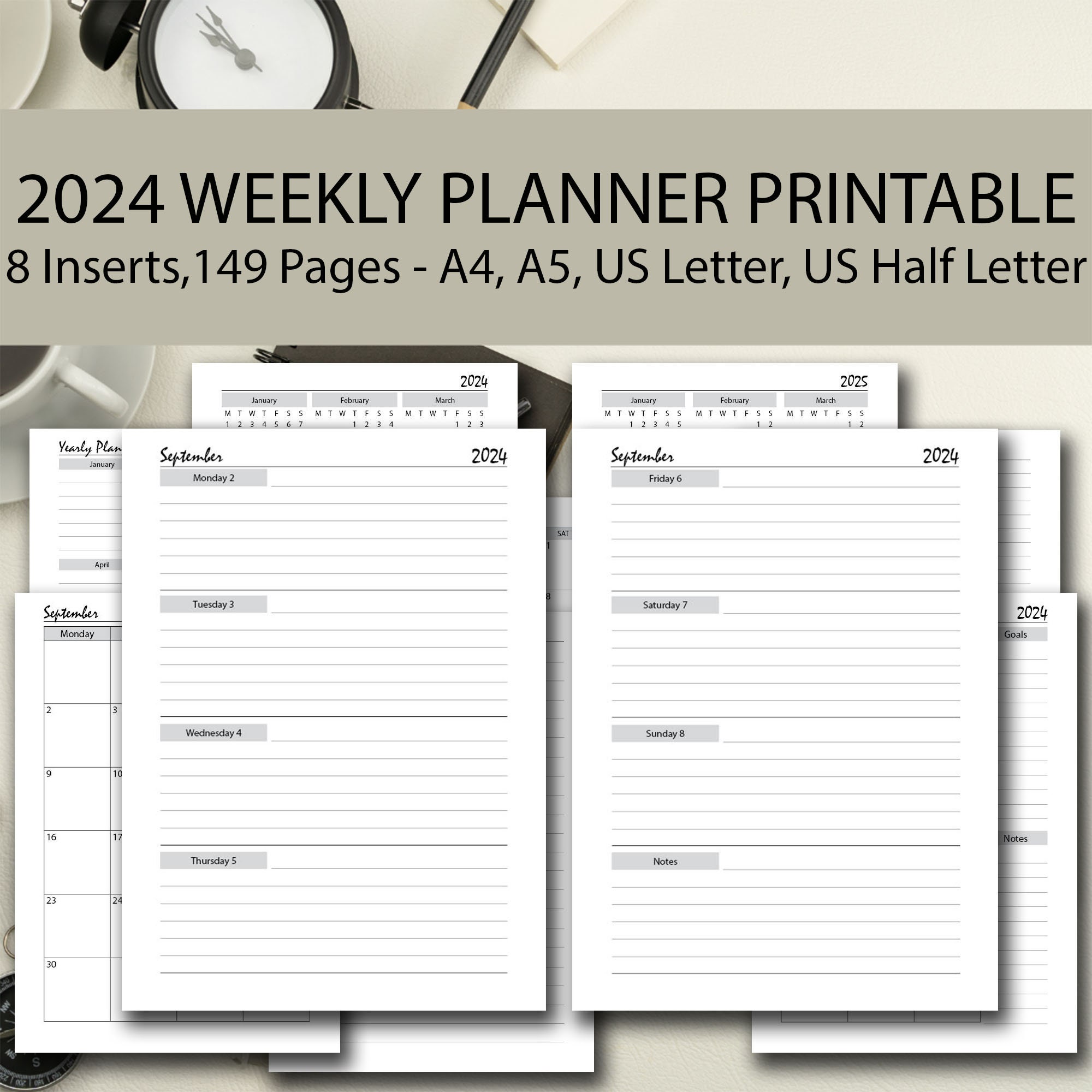 Agenda semainier 2023 2024: Grand format A4, Planificateur hebdomadaire 18  mois, 1 semaine sur 2 pages avec heure