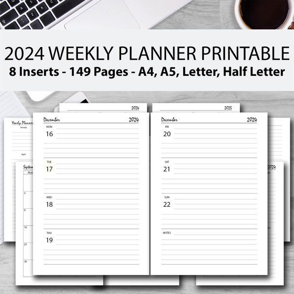 2024 Weekly Planner Printable BUNDLE, 2024 Week on 2 Page Insert, 2024 Weekly Organizer, Weekly to do list, A4, A5 Insert, Half Size, Letter