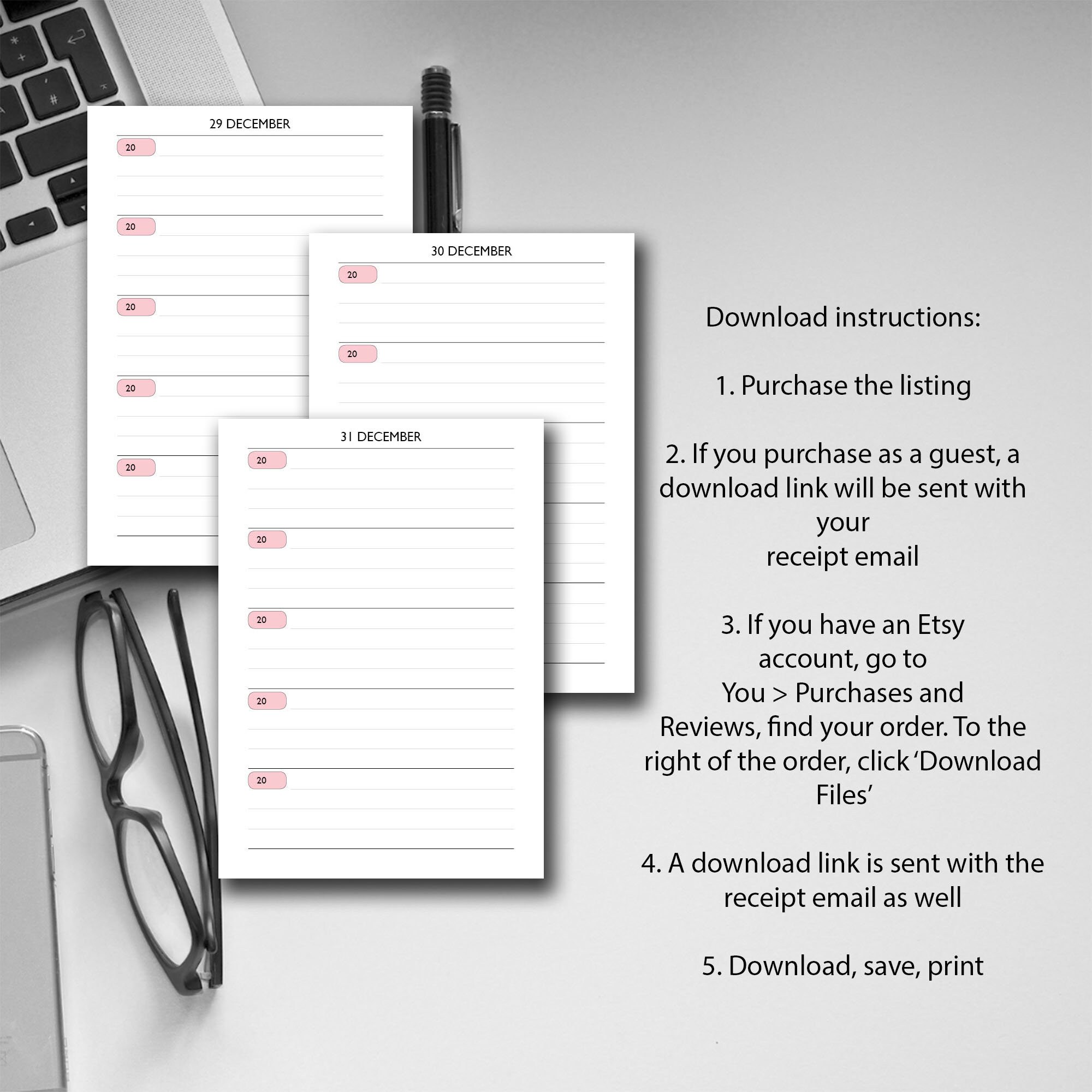 5 Year Journal Printable PINK, A4/a5/half Size/letter, One Line A Day ...