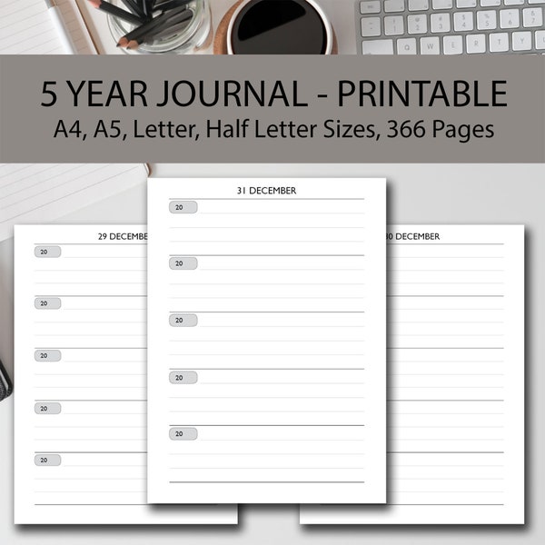 Journal imprimable 5 ans, A4/A5/demi format/lettre, journal d'une ligne par jour imprimable, journal de gratitude quotidien, journal quotidien imprimable