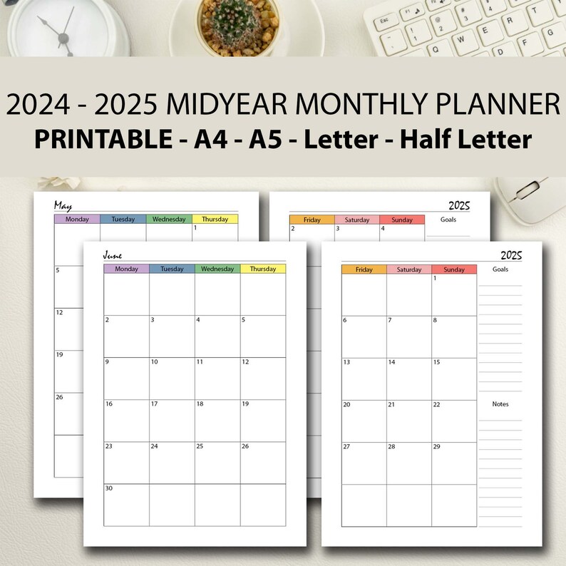20242025 Midyear Planner Printable RAINBOW, Month on 2 Page 20242025