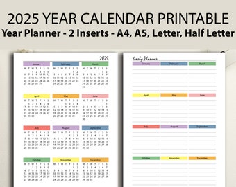 Calendario del año 2025 Arco iris imprimible, Calendario 2025 pdf, A4/A5/Media carta/Carta, Planificador del año 2025, Inserción del planificador 2025, Calendario 2025 A4