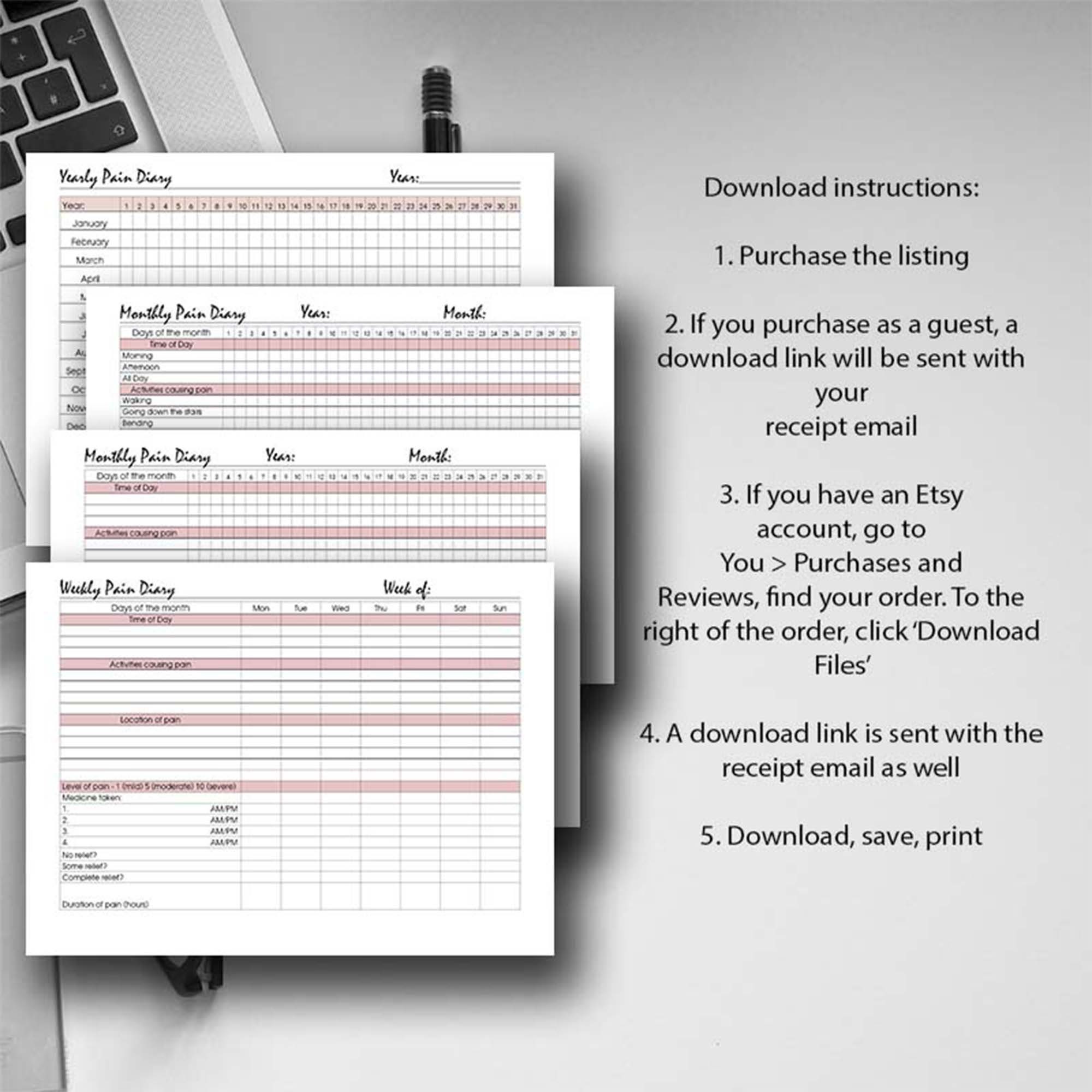 Pain Tracker Printable BUNDLE, Pain Log, Pain Tracker Journal, Daily Pain Tracker Pdf, Weekly ...