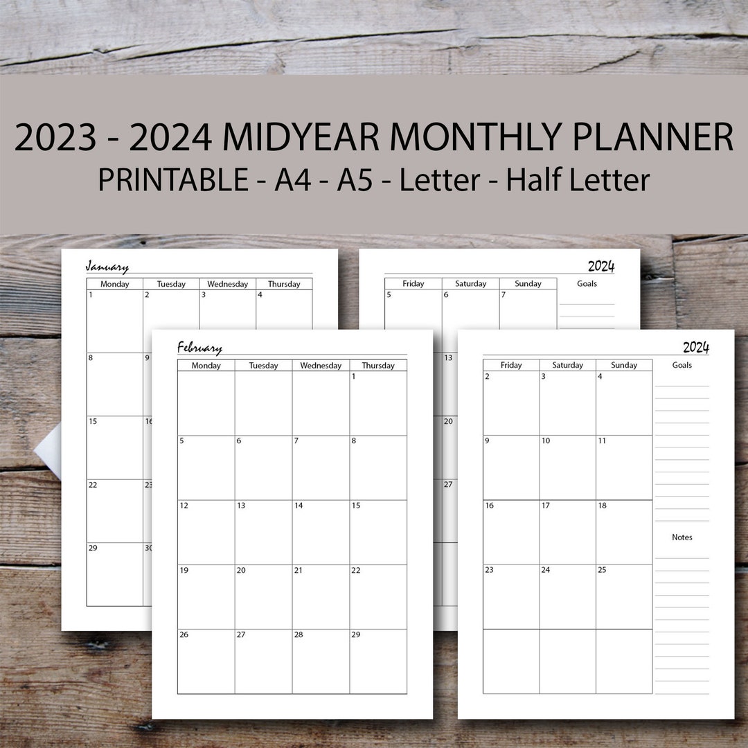 20232024 Monthly Midyear Planner Printable Month on 2 Page Etsy