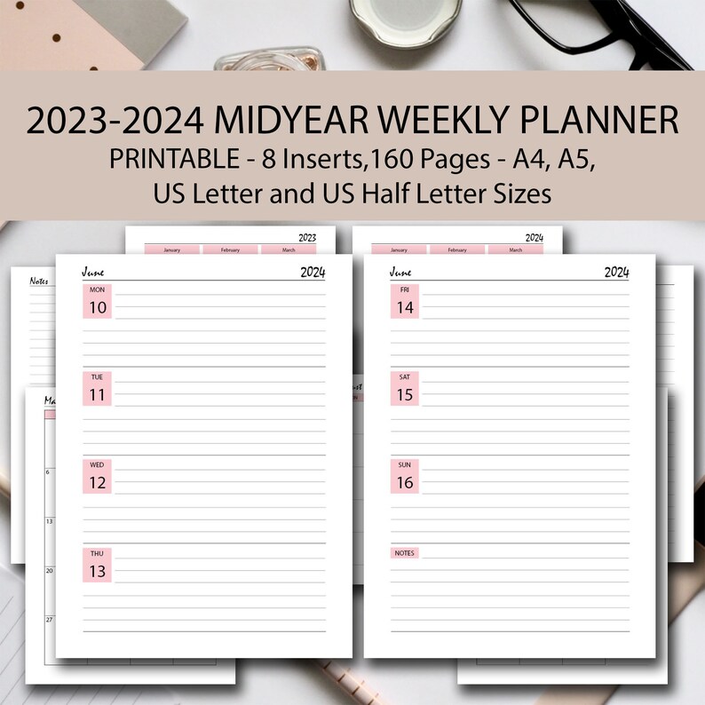 20232024 Weekly Planner Printable PINK Bundle, A4/a5/half Letter