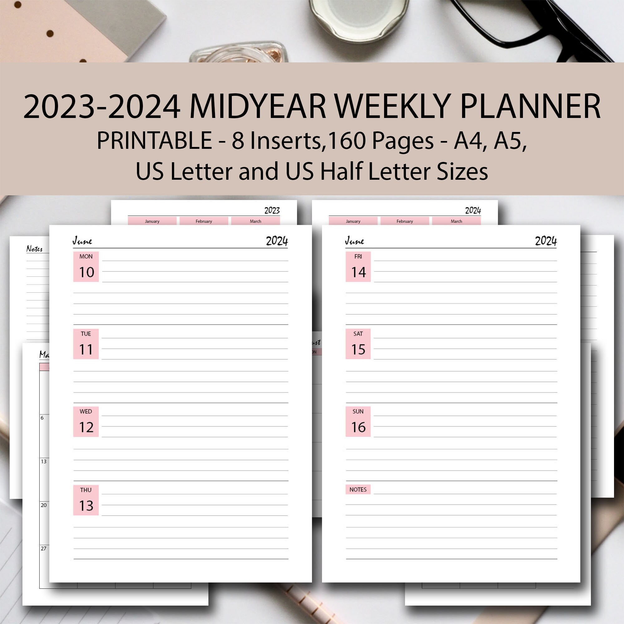 20232024 Weekly Planner Printable PINK Bundle, A4/a5/half Letter