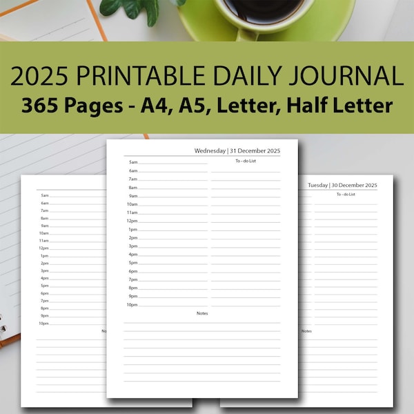 2025 Daily Timebox Planner Printable, Daily Journal 2025 Printable, 2025 Daily Diary Printable, 2025 Daily Planner, A4/A5/Half Letter/Letter