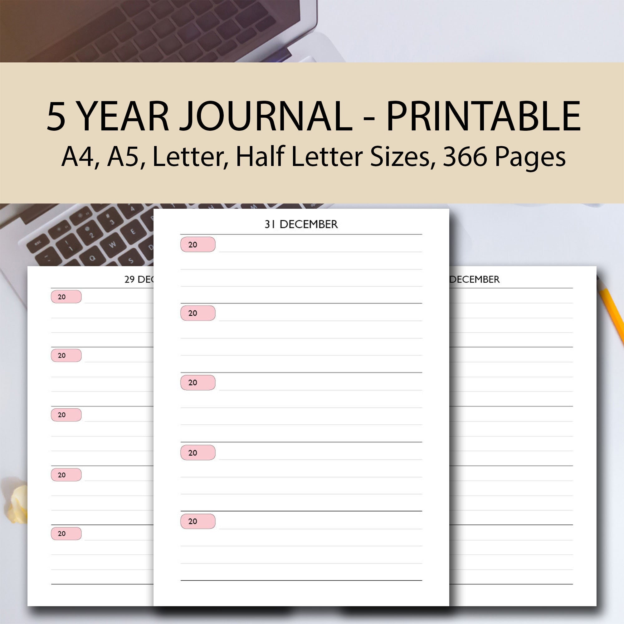 5 Year Journal Printable PINK, A4/a5/half Size/letter, One Line A Day ...