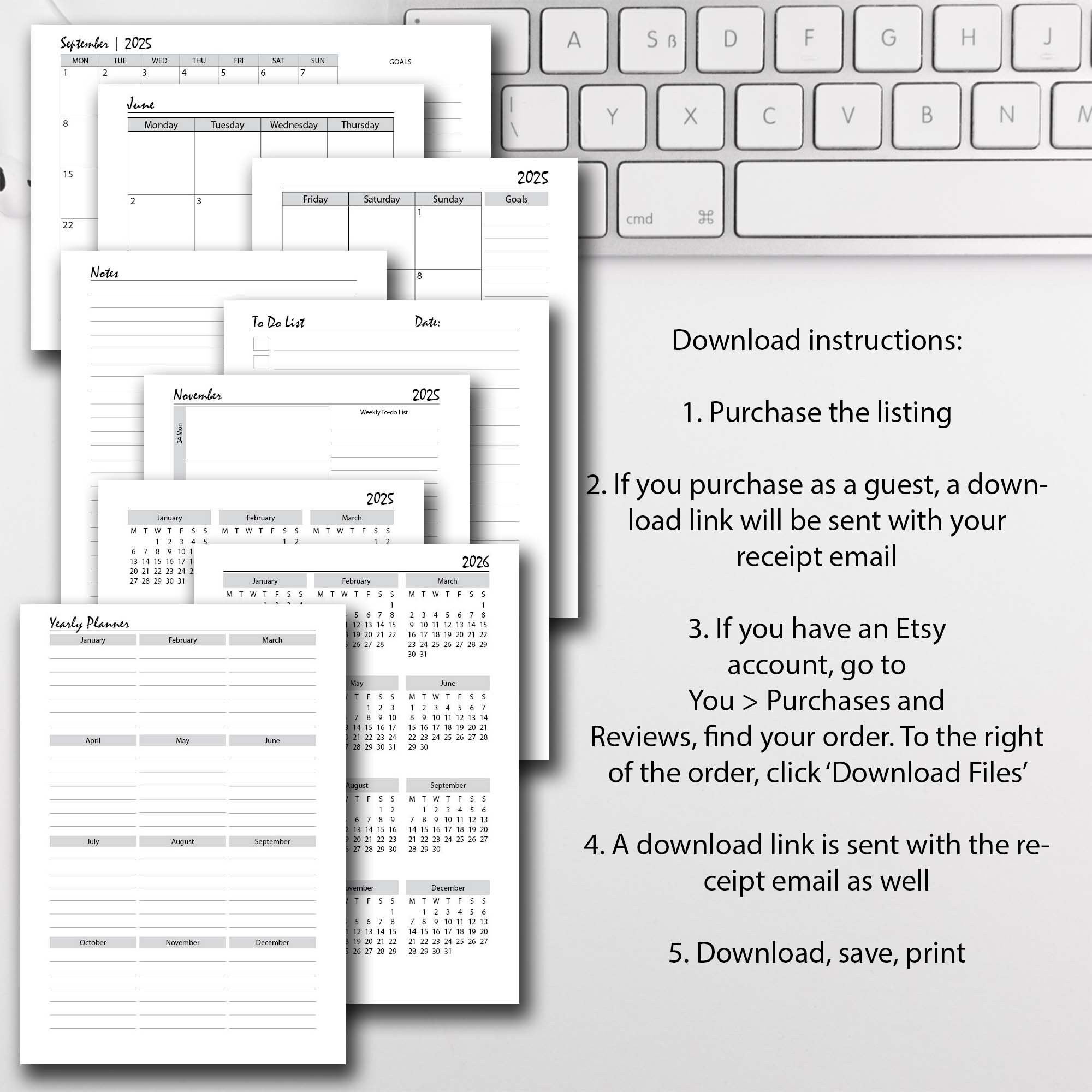 2025 Weekly Planner Pack Printable GREY, 2025 Week on 1 Page, 2025 ...