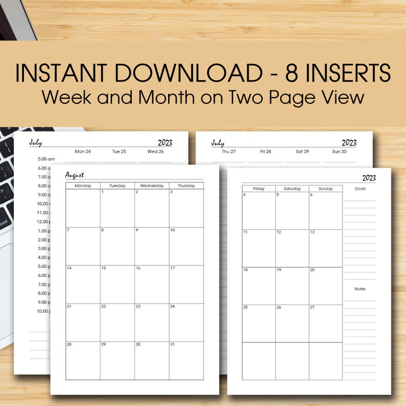 2023 Weekly Hourly Planner Printable, Week on 2 Page 2023, A4, A5