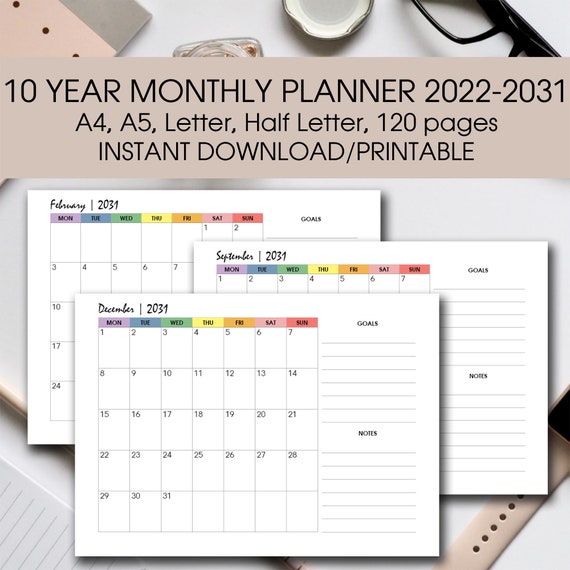 10 Year Calendar Insert Printable RAINBOW 20222031 10 Year Etsy
