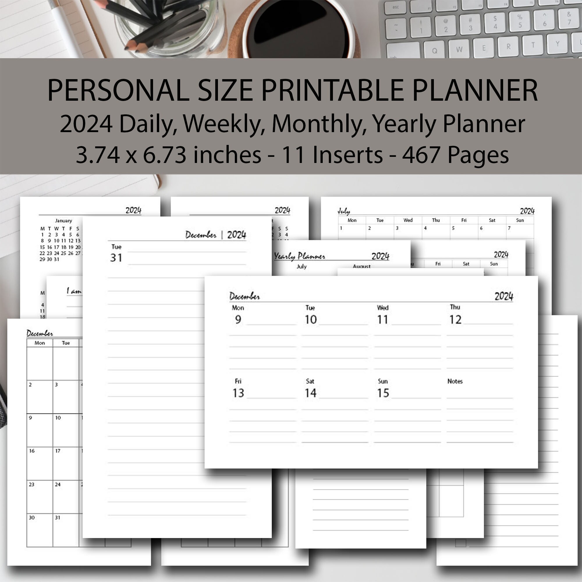 2024 Personal Size Daily Weekly Monthly Yearly Planner Printable Insert ...