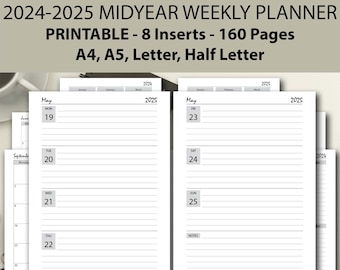 2024-2025 Midyear Planner afdrukbare GRIJZE bundel, A4/A5/Half Letter/Letter, Productiviteit Planner, 2024-2025 Organisator, Midyear Weekly Planner