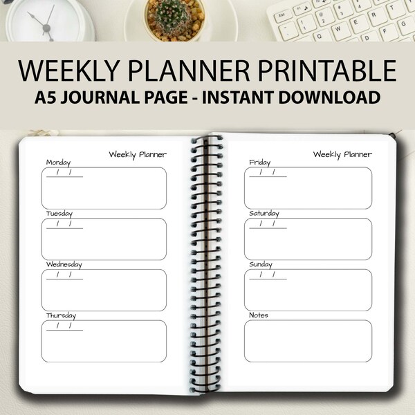 Weekly Planner Printable, Weekly Calendar, A5 Journal Page, Printable Planner, Week On 2 Page View, Weekly Journal Page, Weekly To Do List