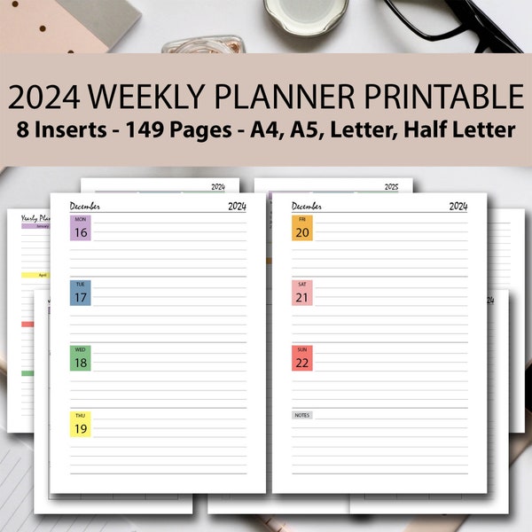 2024 Weekly Planner Printable RAINBOW BUNDLE, A4/A5/Half Letter/Letter, 2024 Weekly Planner pdf, 2024 Month on 2 Page, 2024 Yearly Calendar