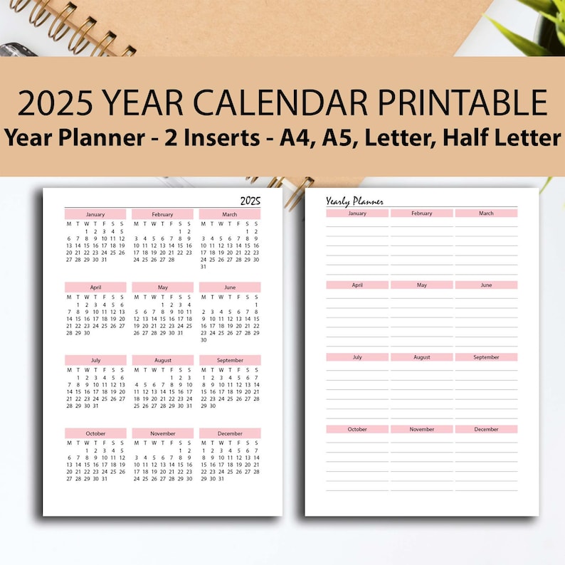 Year Calendar 2025 PINK Printable, A4/a5/half Letter/letter, 2025