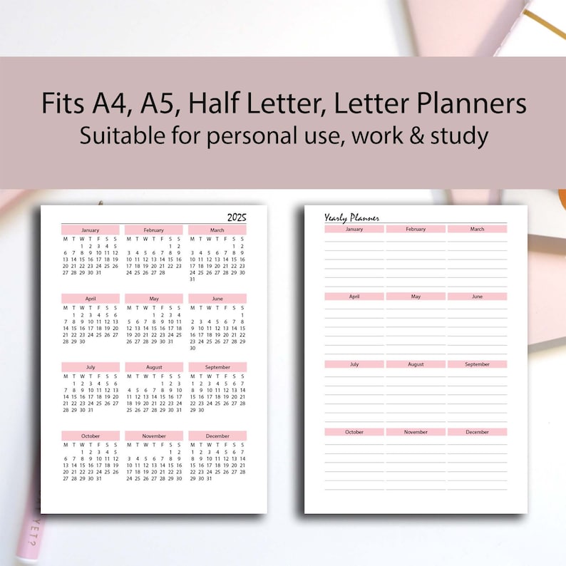 Year Calendar 2025 PINK Printable, A4/a5/half Letter/letter, 2025 ...