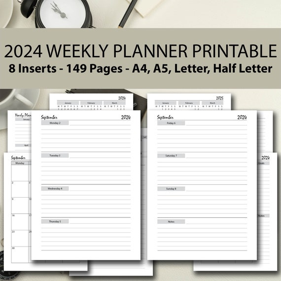 2024 Weekly Planner Printable GREY BUNDLE, Week on 2 Pages 2024, A4 A5 Half  Size Letter, Weekly to Do List, Student Organizer, Weekly Agenda 