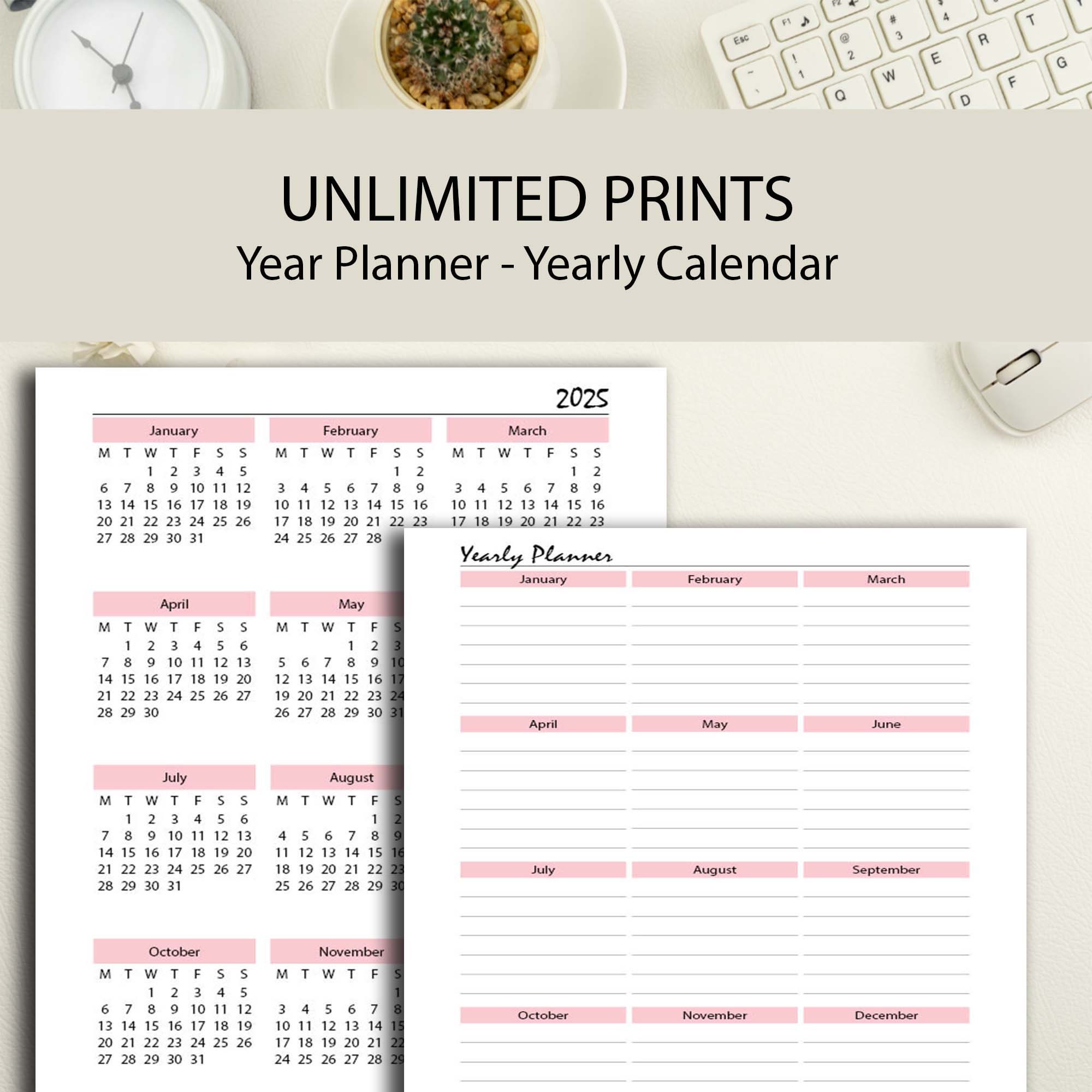Year Calendar 2025 PINK Printable, A4/a5/half Letter/letter, 2025