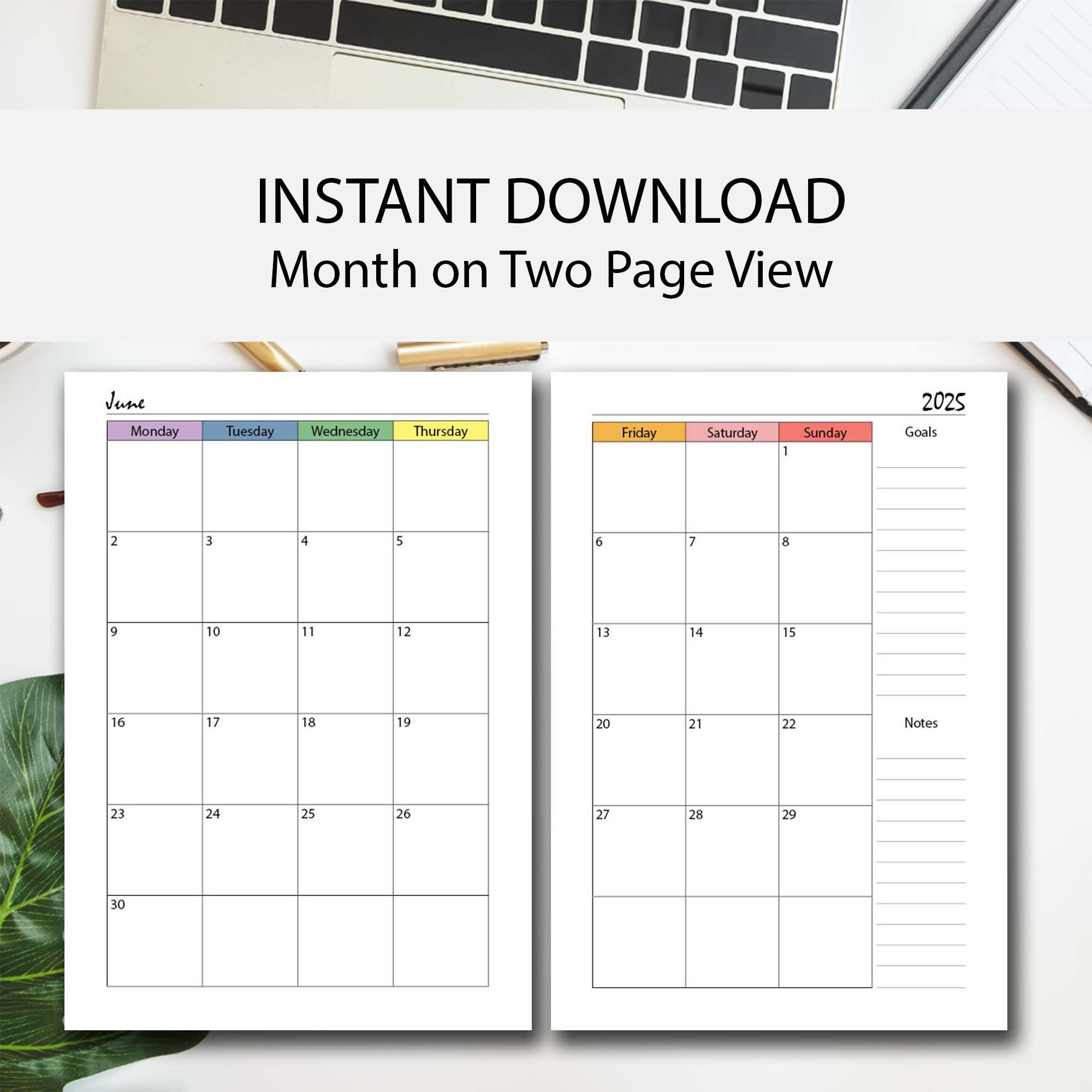 2025 Month on 2 Page Printable Planner, Sunday Start, Monday Start 2025 ...