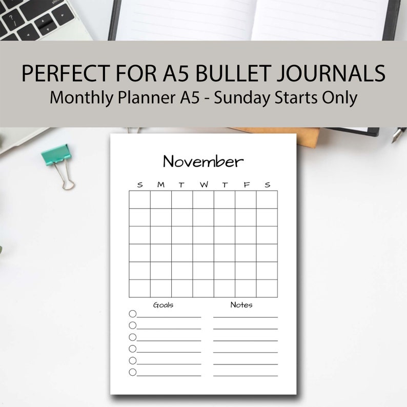 12 Month Calendar Pages, Sunday Start, A5 Journal Monthly Calendar ...